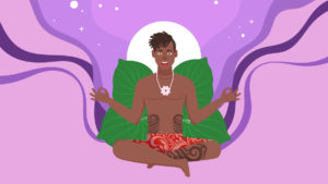 illustration of a Polynesian man sitting in a meditation position with kava leaves at the back