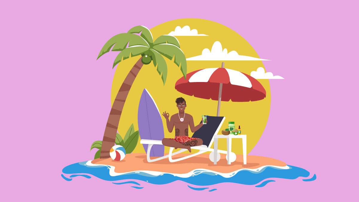 Illustration of a Polynesian guy drinking kava on the beach