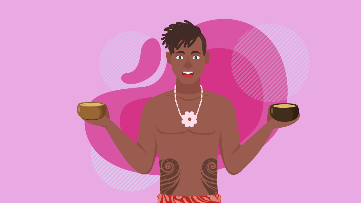 illustration of a Polynesian guy hold 2 different kava drinks