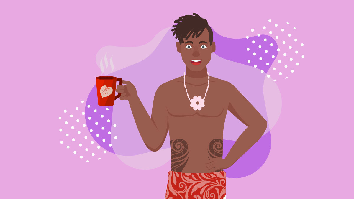 Illustration of a Polynesian guy hold kava tea cup