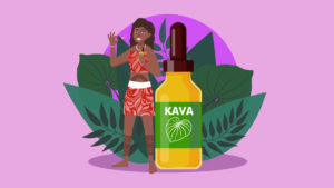 Illustration of a Polynesian girl and kava tincture bottle