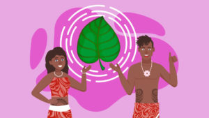 Illustration of Polynesian guy and girl with kava leaf