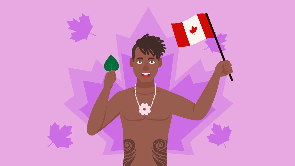 illustration of a Polynesian guy holding kava leaf and canada flag