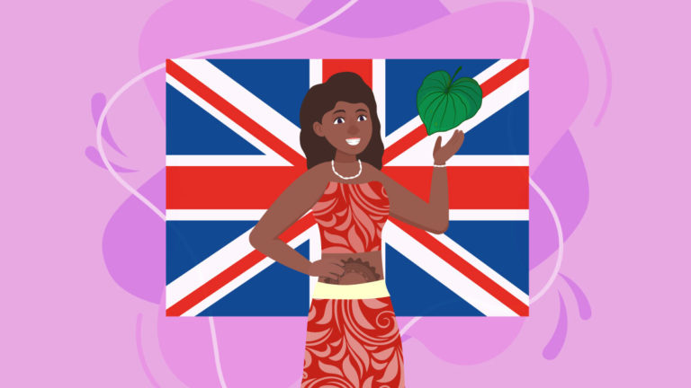 Illustration of a Polynesian girl holding kava leaf in front of united kingdom flag