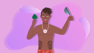 Illustration of a Polynesian guy holding kava leaf and a strainer