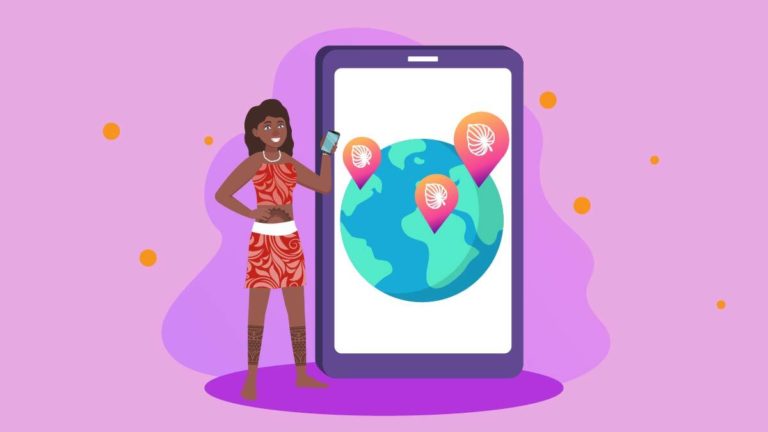 Illustration of a Polynesian girl standing next to a smartphone with world map